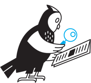 Illustration af en ugle som læser en avis med en forstørrelsesglas